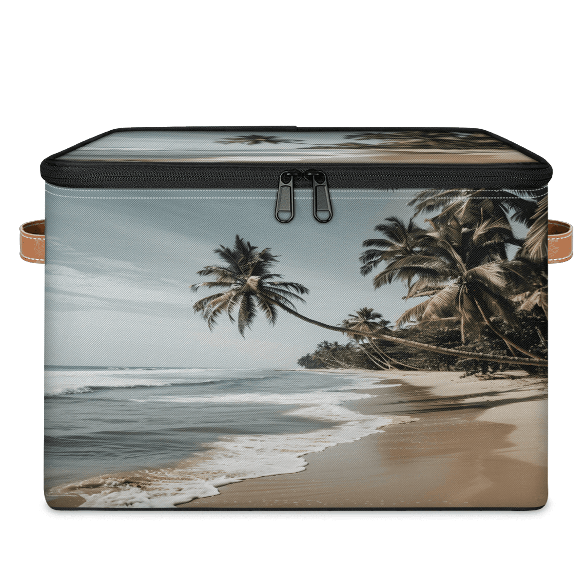 CURLYOOT Beach Fabric Storage Bins with Lids, Hawaiian Palm Trees Foldable Storage Boxes Washable Storage Cube, Closet Bedroom Home Organizer Containers with PU Leather Handles
