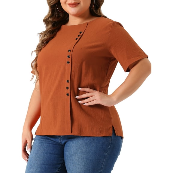 DARING DIVA Women's Plus Crew Neck Cotton Linen Blouse 4X Brown