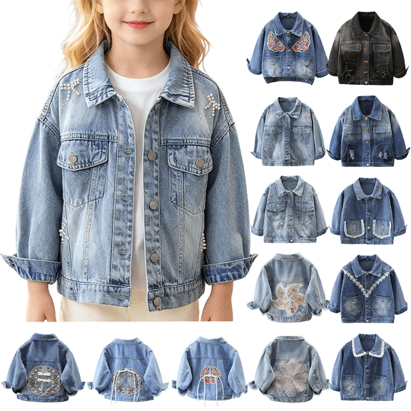 DJDLJWCJ Girls Stretch Denim Jacket (18M-12Y) Soft Distressed Jean Coat with Roll-Up Sleeves Cute Fall Winter Jacket for Toddler Kids Blue Size 18