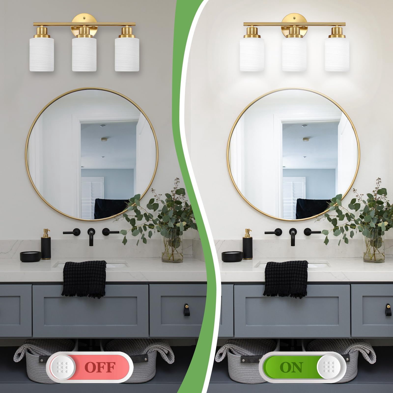 3-light Bathroom Light Fixtures  Vanity Lights For Mirror With Textured Milky White Glass Shade Modern Kitchen Wall Sconce - E26 Base Brushed Gold