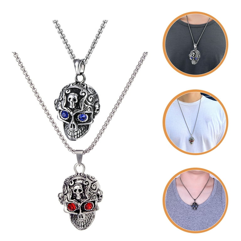 2Pcs Halloween Skull Necklace Stainless Steel Gothic Punk 2Pcs Halloween Skull Necklace Stainless Steel Gothic Punk