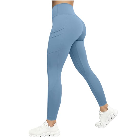 Qiopertar Women's High-Waisted Yoga Pants with Pockets Long Solid-Color Fitness Stretch Butt Lifting Leggings Casual Comfy Lounge Activewear, Light Blue XL
