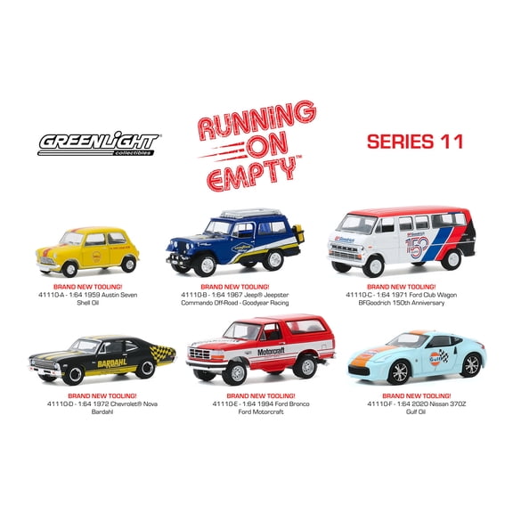 Greenlight Running on Empty Series 11 Diecast Car Set - Box of 6 assorted 1/64 Scale Diecast Model Cars