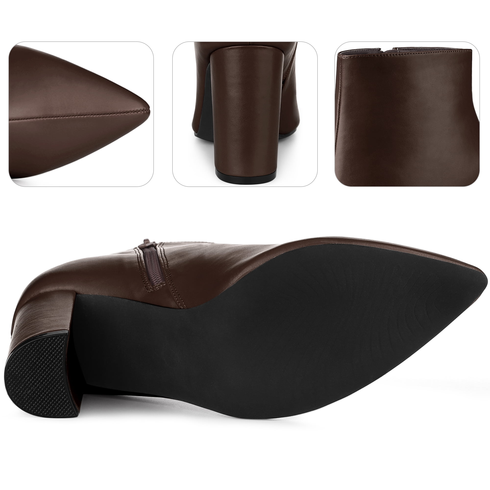 Unique Bargains Women's Pointed Toe Zipper Block Heeled Ankle Boots Brown 9