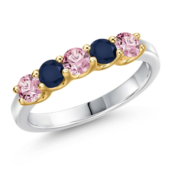 Gem Stone King 10K Two Tone Gold Pink Lab Grown Diamond and Blue Sapphire Wedding-Bands Ring for Women | 0.98 Cttw | Round 3.5MM | Gemstone April Birthstone | Size 5
