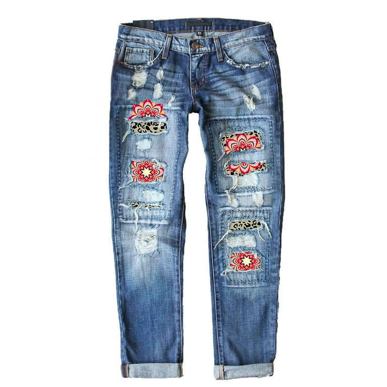 FARYSAYS Womens Jeans with Ripped Patchwork Tapered Leg Fashion