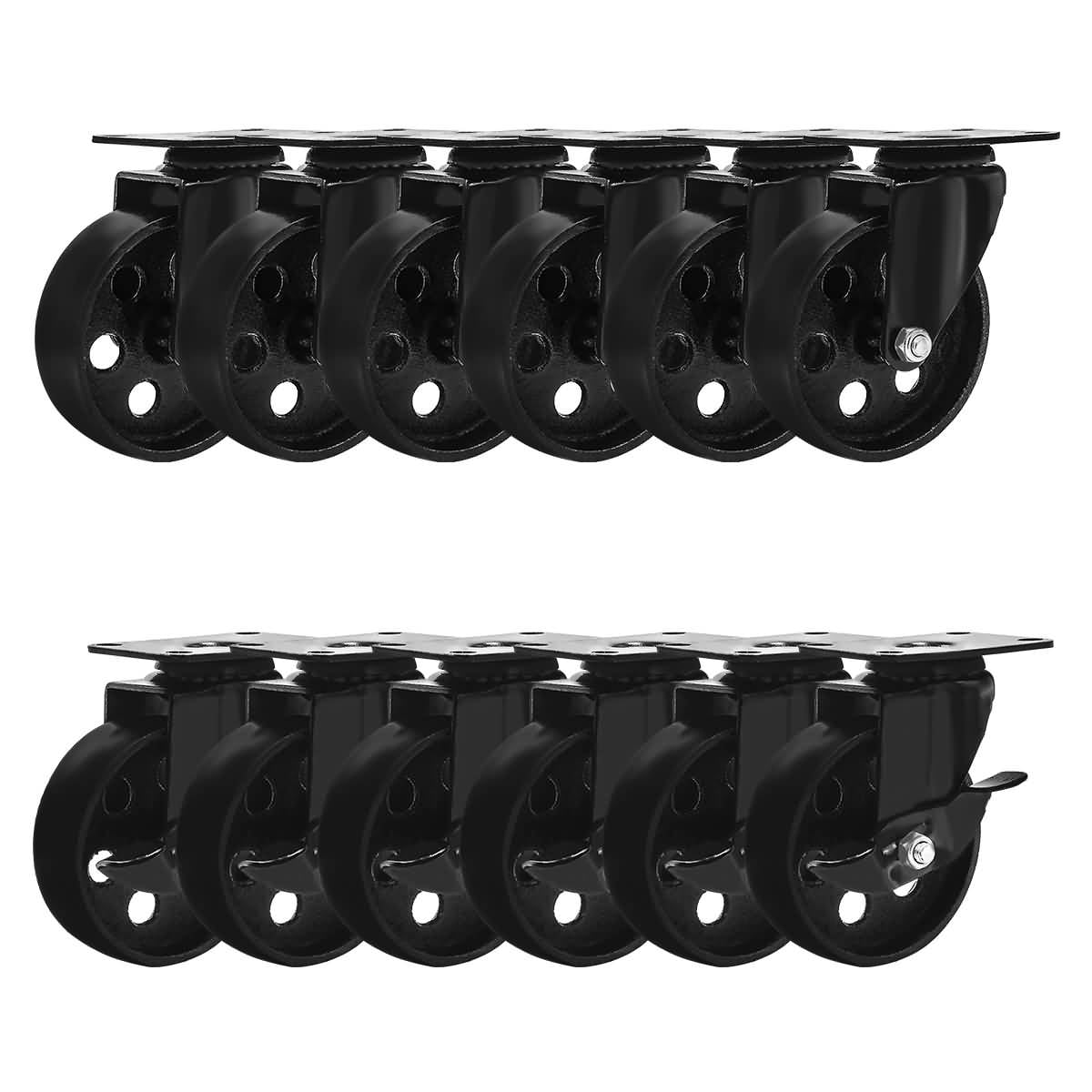 12 All Black Metal Swivel Plate Caster Wheel w/ Brake Lock Heavy Duty 3" Combo 