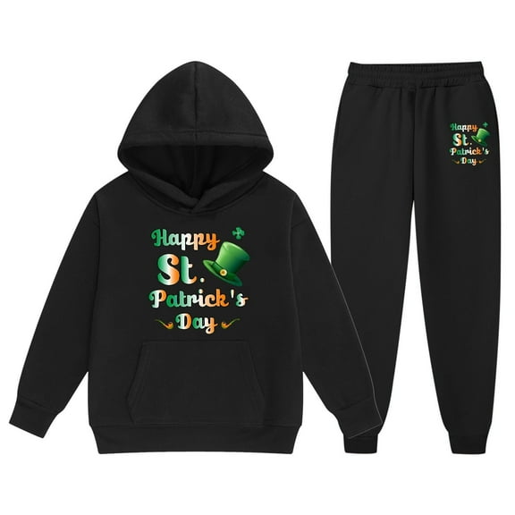 St. Patrick'S Day Children'S Sweatsuit Spring Long Sleeved Letter Print Hoodie With Sweater Pants 2 Piece Casual Set Black 2 Years-3 Years
