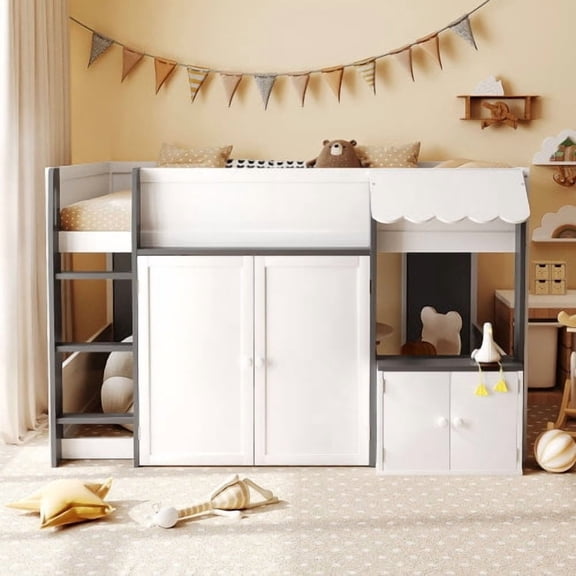 Full Loft House Bed with Playhouse, Modern Cabin Bed with Storage & Play Area, Wood Loft Bed for Teens,White and gray