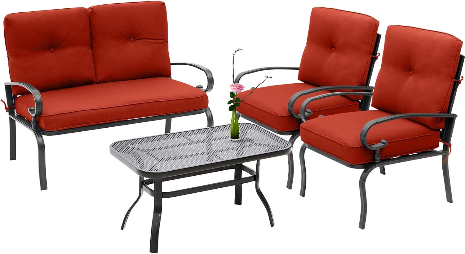 SOLAURA 4-Piece Outdoor Furniture Patio Conversation Set with Metal Table and Seating Cushions(Red)