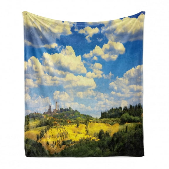 Italian Soft Flannel Fleece Blanket, Old Italian Village Scenery with Meadows and Clouds Mediterranean Rural Print, Cozy Plush for Indoor and Outdoor Use, 50" x 60", Green Blue White, by Ambesonne