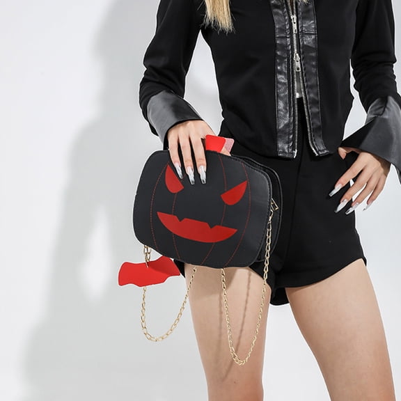 Gallickan Pumpkin Bag, PU Leather Crossbody for Commuting, Casual Chain Shoulder Decor, Halloween Themed Accessory, Black