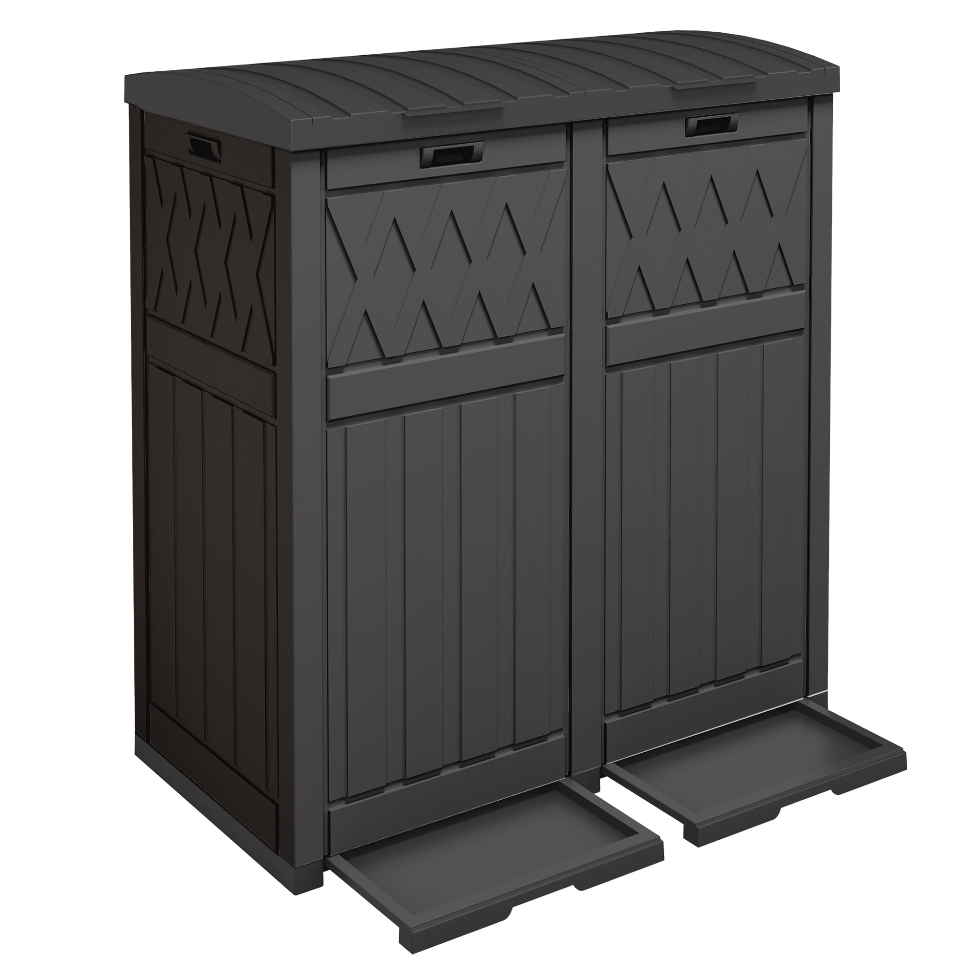 Uforic 62 Gallon Double Compartment Outdoor Trash Can, Waterproof Resin Garbage Bin with Tiered Lid and Drip Tray for Patio, Deck, Backyard, Black