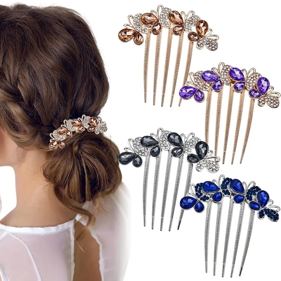 BZCOE 4 Pcs Rhinestone Hair Combs for Women,Luxury Crystal Opal Butterfly Hair Side Combs,Elegant Decorative Bridal Hair Accessories for Weddings,Non-Slip French Twist Side Slide Hair Clips
