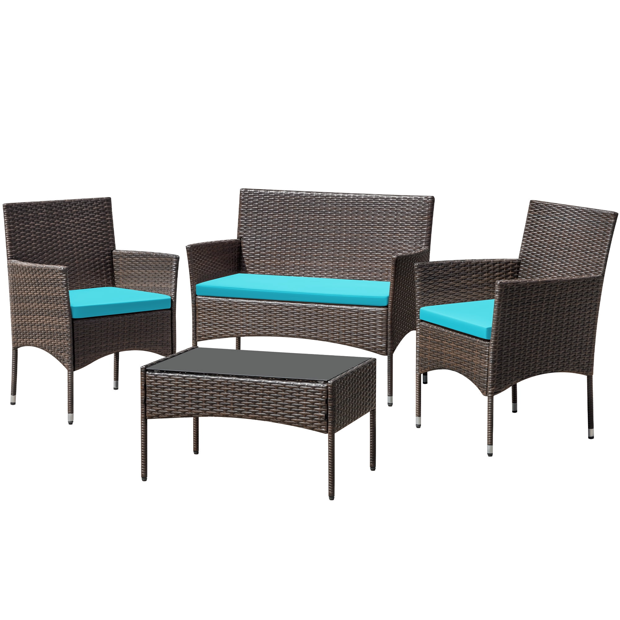 Homall 4 Pieces Patio Conversation Set Outdoor Furniture Rattan Chairs Wicker Seating with Cushion and Table Weather-resistant for Porch Garden Backyard, Blue /Beige