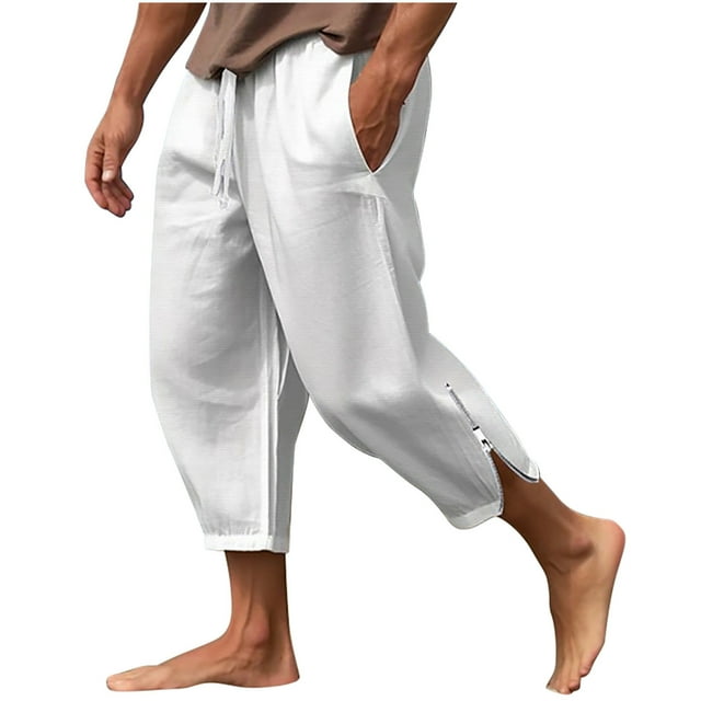 Birdeem Mens Casual Solid Cropped Pants Drawstring Waist Side Zipper Athletic Gym with Pocket