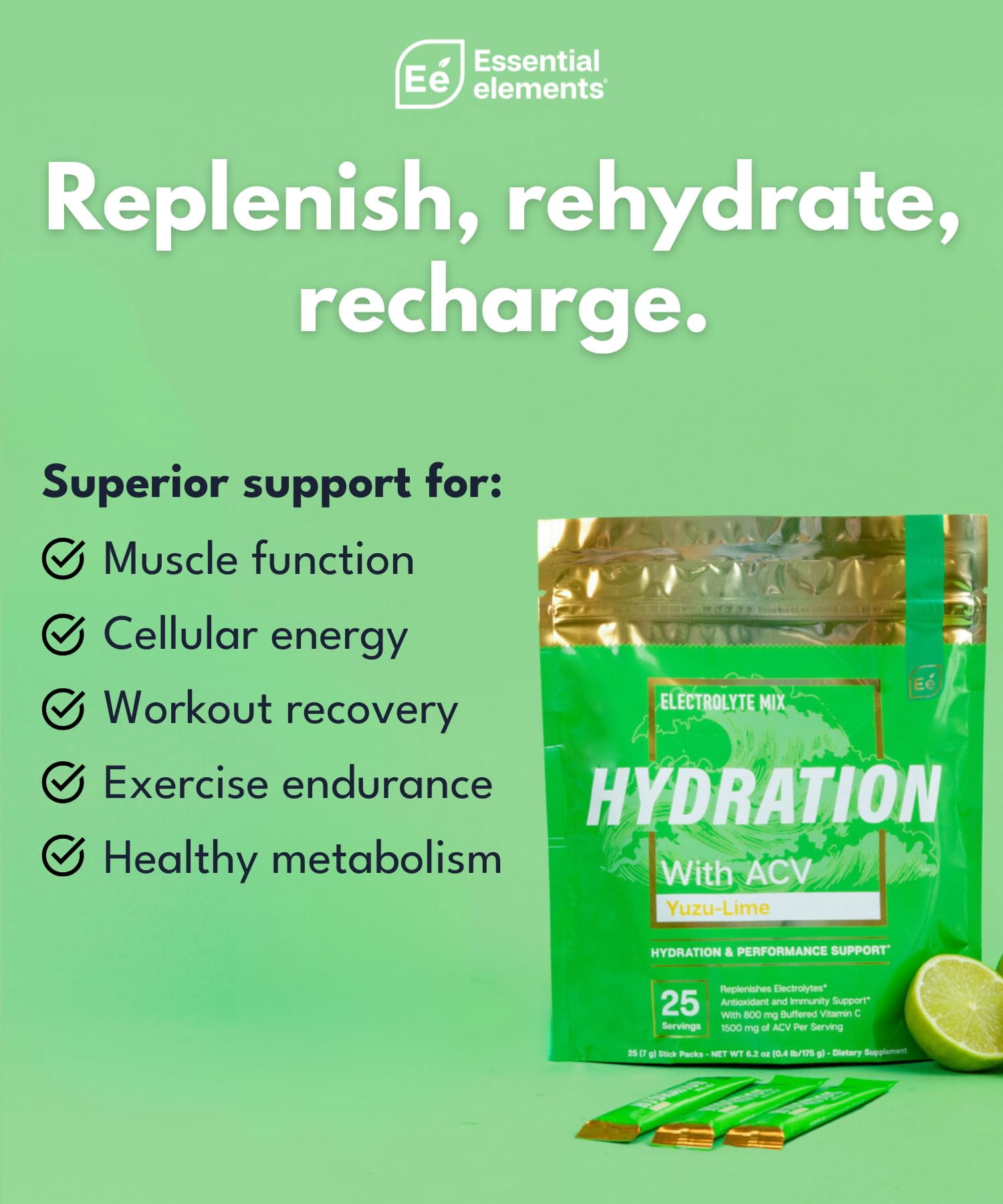 Essential Elements Hydration Packets - Yuzu Lime - Electrolytes Powder No Sugar - Electrolyte Drink Mix - Superior Hydration with ACV & Vitamin C - 25 Stick Packs