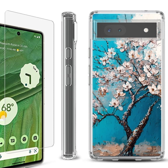 Shockproof Bumper Phone Case for Google Pixel 6a, with Tempered Glass Screen Protector, by OneToughShield ® - Almond Tree