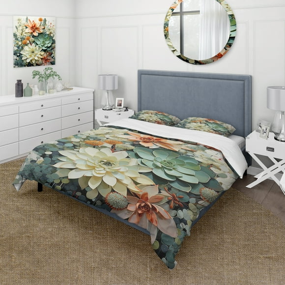 Designart "Green White Succulents Flowers peaceful Succulents I" Floral & Botanical Bedding Covert Set - Succulent Multi-Color Floral Bed Set With 1 Sham