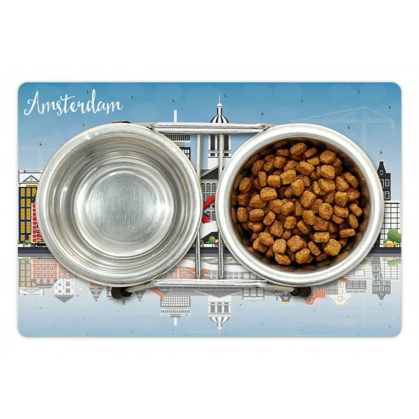 Amsterdam Pet Mat for Food and Water, Composition of Calligraphy with the City Skyline Reflection on Water, Non-Slip Rubber Mat Dogs and Cats, 18" X 12", by -