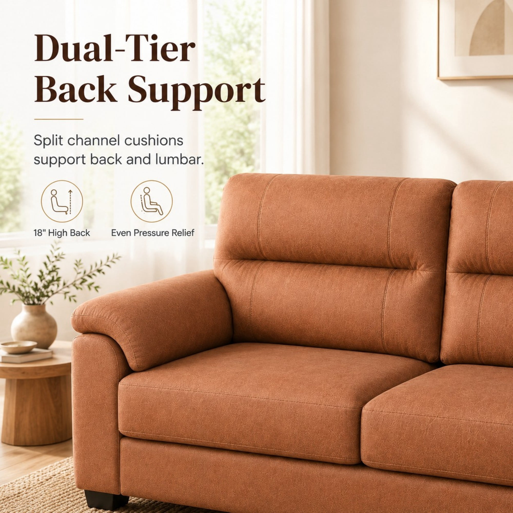 DEALTOPS 84" Tech Cloth 3-Seat Sofa, Mid-Century Vintage Couch with Pillow Arms, Brown
