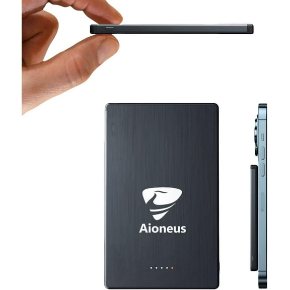 Aioneus Slim Wireless Portable Charger, 5000mAh Fast Charging Magnetic Power Bank, Magsafe Charger Compatible with iPhone, Samsung, Black