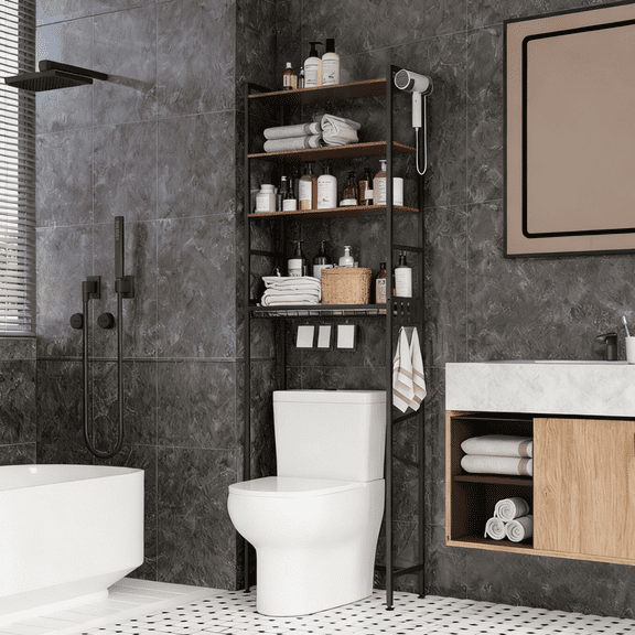 HONEIER 4-Tier Over The Toilet Storage Rack, Bathroom Organizer with Adjustable Shelves, 25"W x 68"H x 9.3"D, Freestanding, Black