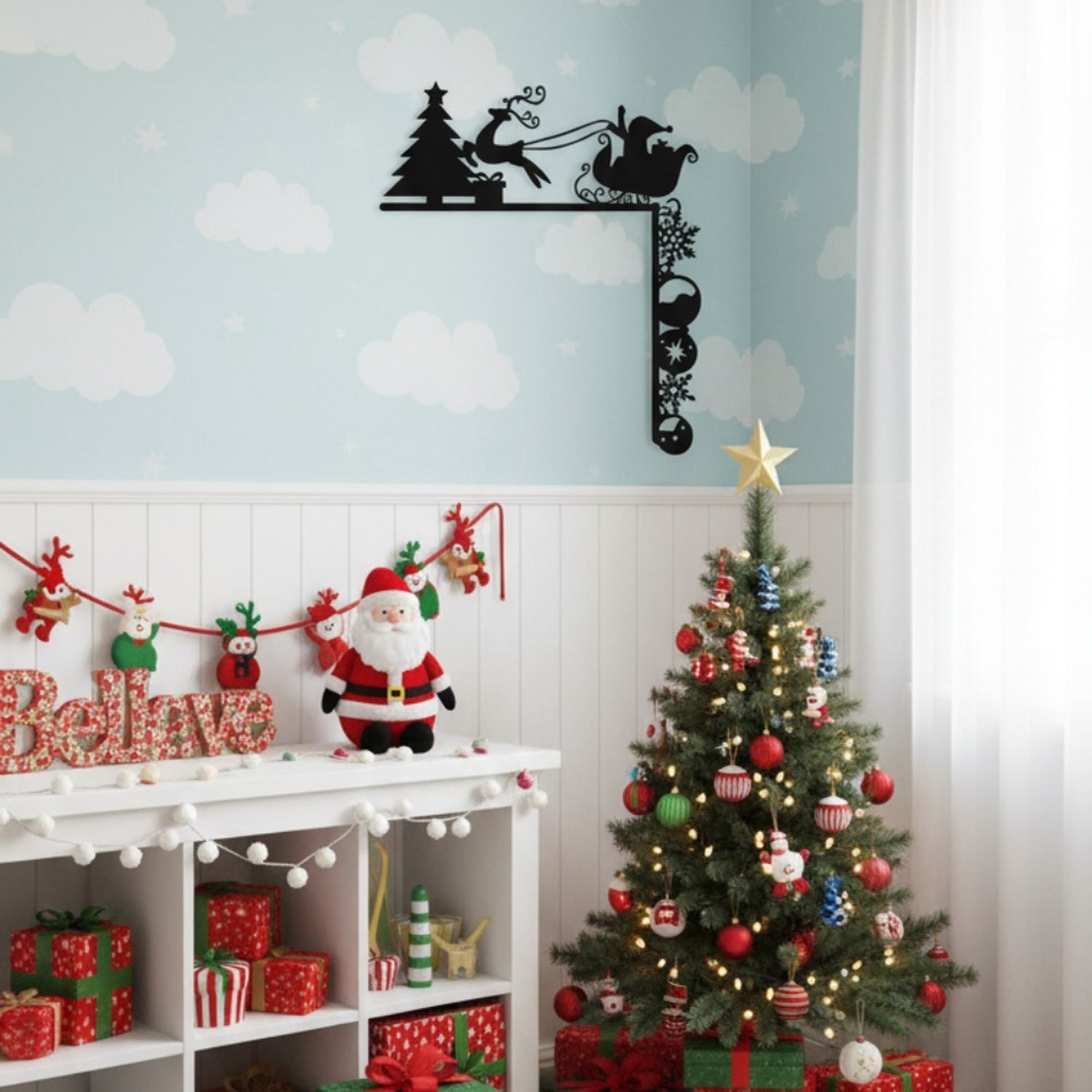 Metal Christmas Sleigh Wall Decor Sculpture, Holiday Door Corner Accent for Christmas, Halloween, and New Year Celebrations