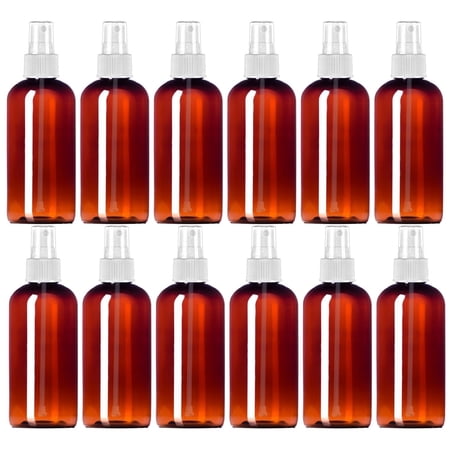 MoYo Natural Labs 8 oz Spray Bottles Boston Round, Fine Mist Empty Travel Containers, BPA Free PET Plastic for Essential Oils and Liquids/Cosmetics (Pack of 12, Amber)