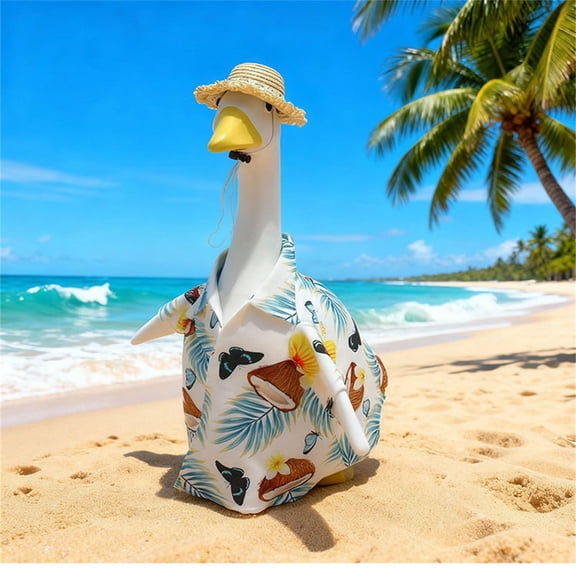 Hawaiian Aloha Themed Porch Goose Outfit With Printed Shirt And Straw Hat For 19 To 23 Inch Goose Statue Summer Yard Decor