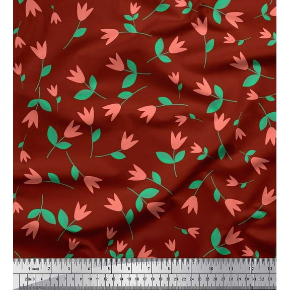 Soimoi polyester Crepe Fabric Leaves & Tulip Flower Clip Art Fabric Prints By Yard 42 Inch Wide