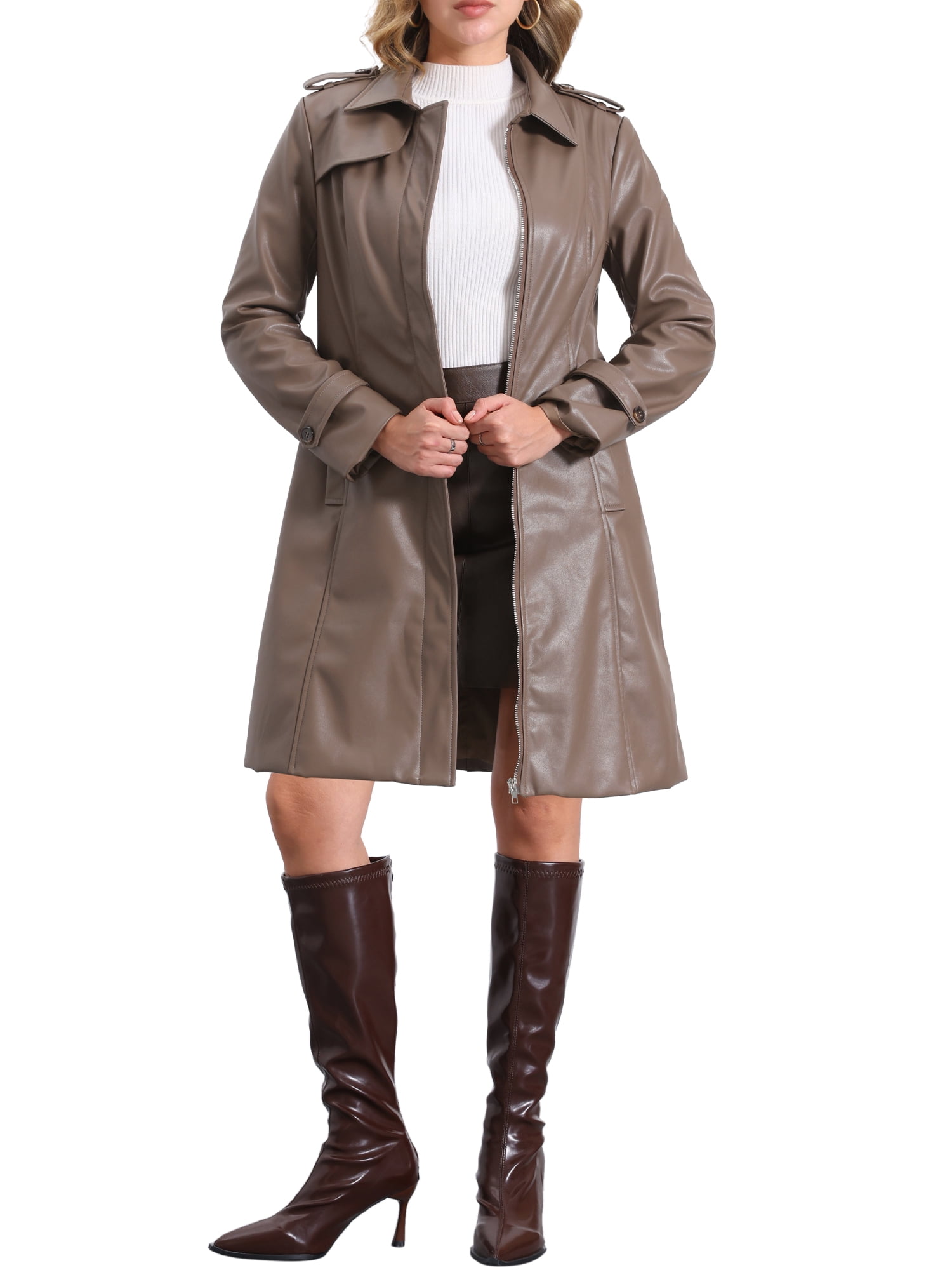 INSPIRE CHIC Faux Leather Long Jacket for Women's Lapel Slim Fit Long Sleeve Zip Coats XS Brown Grey