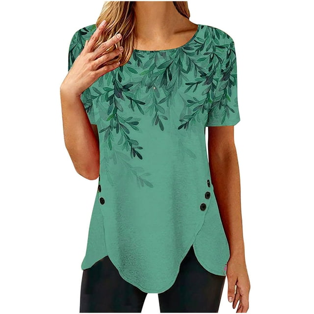 Pompotops T-shirt Mode Imprimé Ample pour Femmes Boutons Manches Courtes Blouse Col Rond Hauts Décontractés