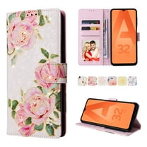 Wallet Case for Samsung Galaxy A32 5G 6.5 Inch, Bronzing Flower Pattern Soft TPU Drop Resistant Magnetic Clasp Flip Case with Card Slots Stand Wrist Strap Folio Phone Cover,Rose Flower
