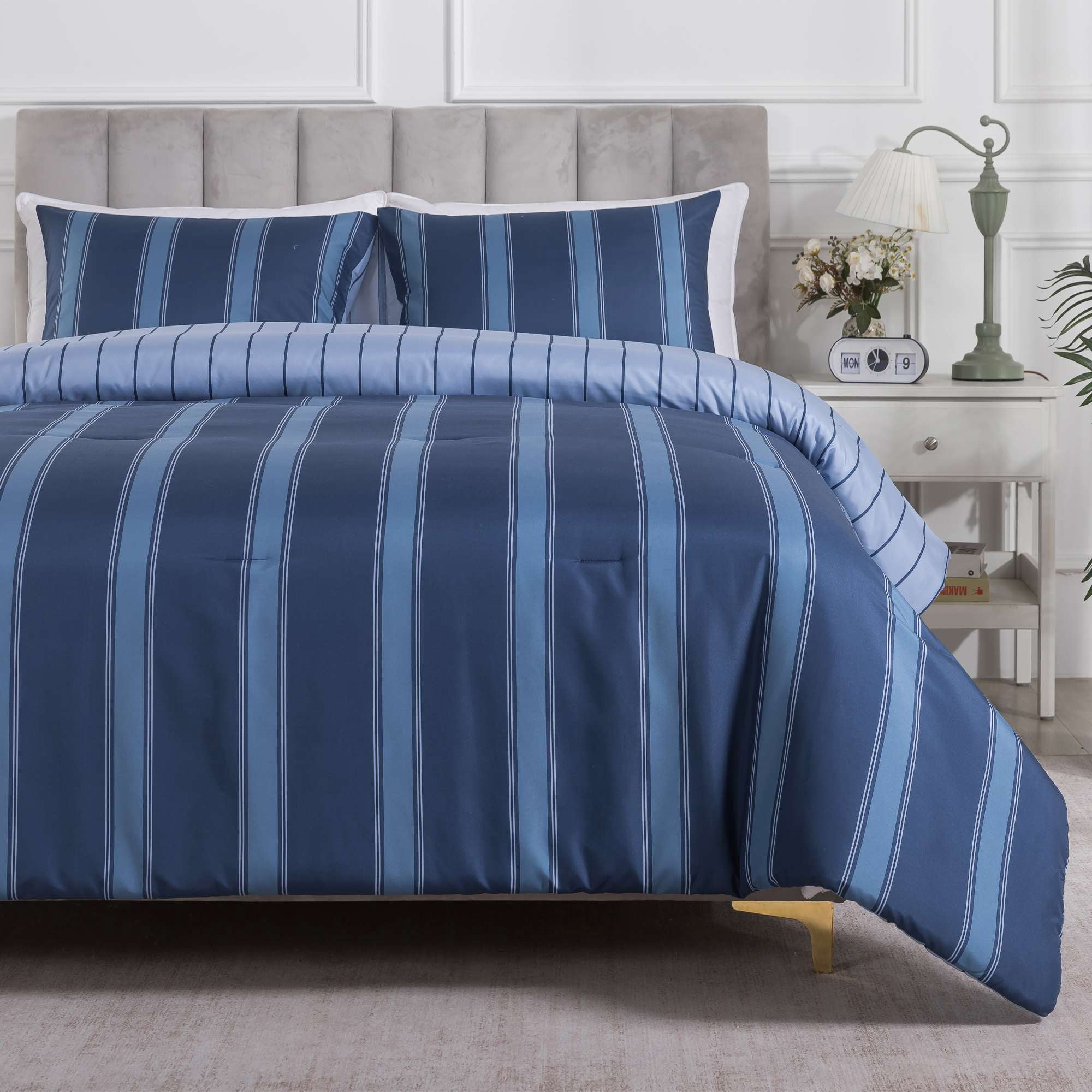 Mainstays King Comforter Set, 3-Piece, All-Season, Navy Blue Stripe