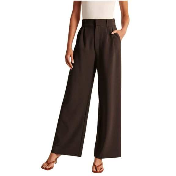 qILAKOG Wide Leg Pants for Women High Waisted Business Casual Pants Work Women's Fashion High Waist Wide Leg Pants Solid Color Versatile Casual Suit Pants Brown S