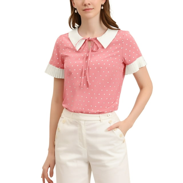 INSPIRE CHIC Blouse à Pois pour Femme à Col Claudine Contrastant, Manches Courtes, TP, Rose