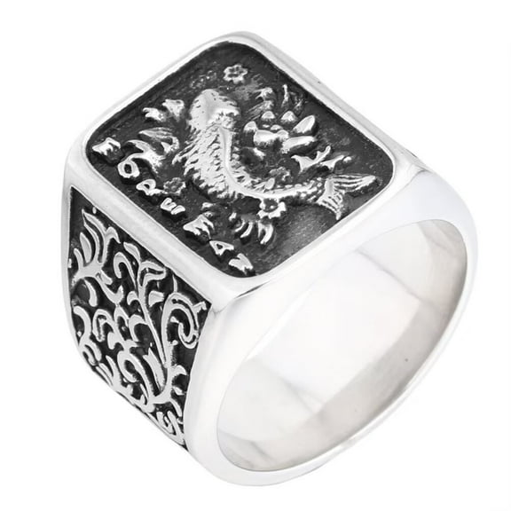 HIJONES Men's Stainless Steel Punk Koi Carp Lotus Engraved Chucky Statement Ring Lucky Biker Band Silver Size 7