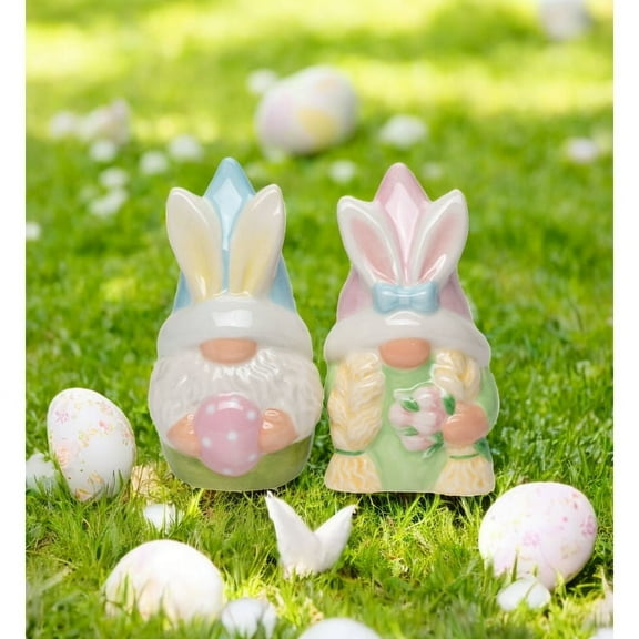 Ceramic Easter Bunny Gnome Holding Egg Salt and Pepper Shakers, Easter Decor, Spring Decor, Gnome Collector Gift