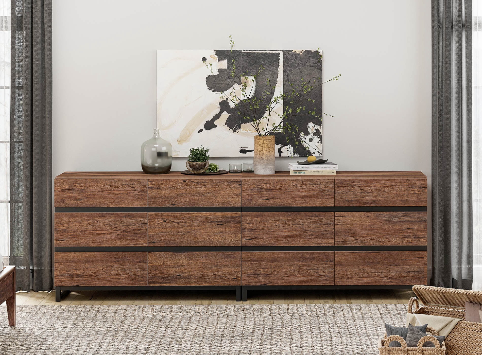 12-Drawer Wooden Dresser with Metal Base, Modern Chest of Drawers & Closet Organizer for Bedroom, Living Room, Brown