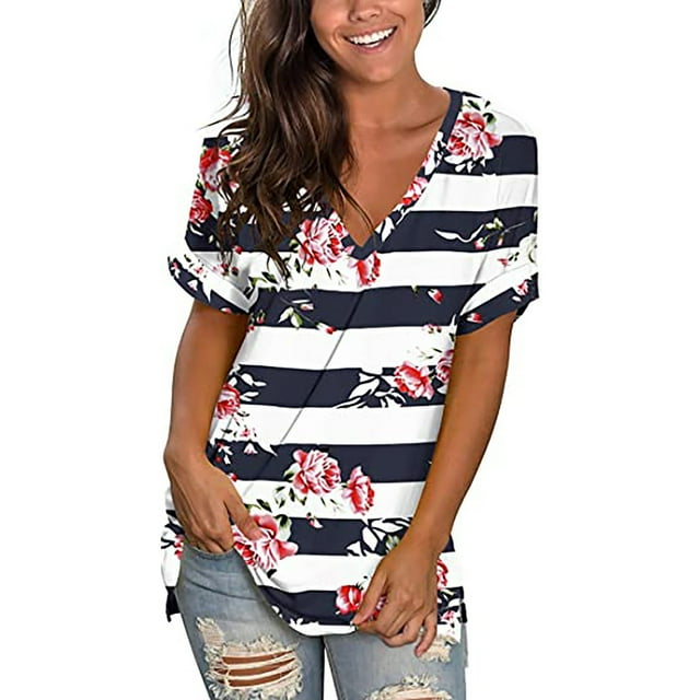Puntoco - Camisetas de verano para mujer, túnica de manga corta con estampado de tiras, cuello en V, tops de hombro Puntoco Puntoco-1533