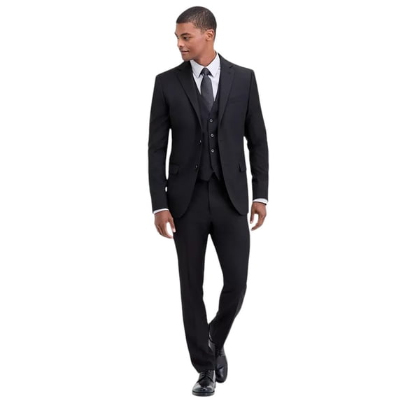 Dkny Mens Modern fit 3 Piece Vested Suit 42 R / 35 Waist Black Solid Stretch