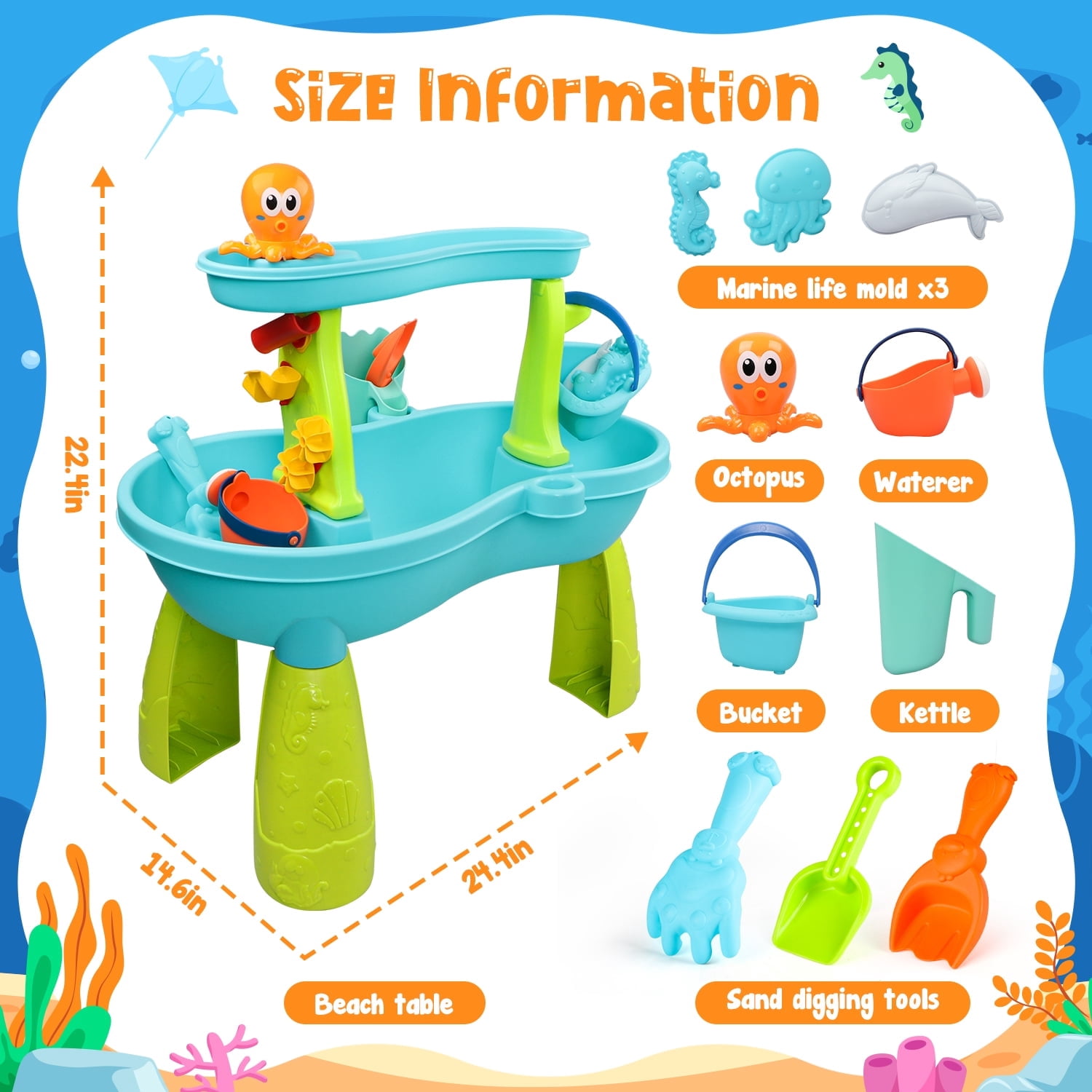 Beefunni Sand & Water Table, 2-Tier Rain Pond Activity Sensory Play Table with Accessories, Outdoor Beach Water Play Table, Summer Activity  Gift Idea