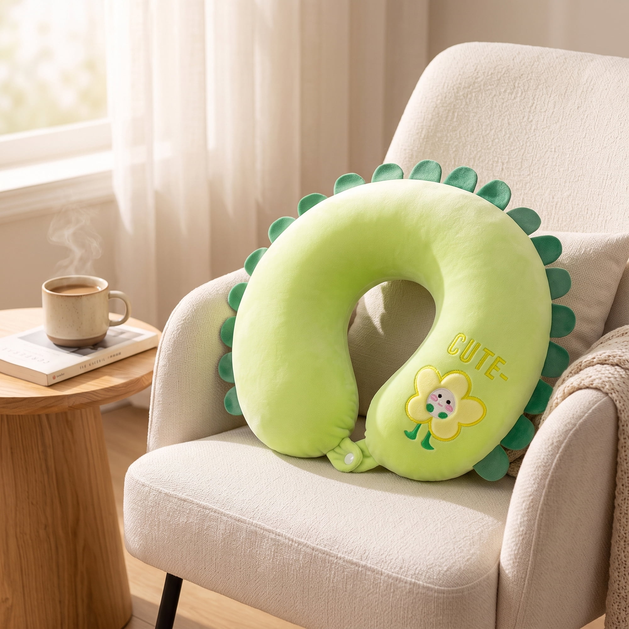 Unique Bargains Memory Foam Neck Pillow U Shape Sunflower Neck Pillow Green 12"x12"