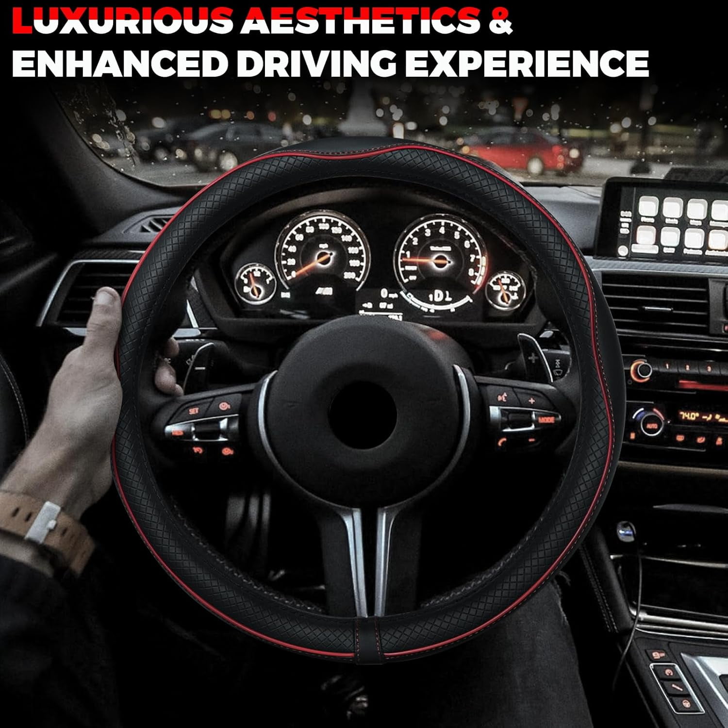 Car Steering Wheel Cover, Microfiber Leather Steering Wheel Covers with Anti-Slip Lining, Universal 14.5-15 Inch Black with Red line