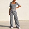 thumbnail image 3 of Pounoo Women's Loungewear Sets Ribbed Square Neck Stripe Short Sleeve Top And Wide Leg Pants Two Piece Outfits Daily Wear Soft Stretchy Comfortable Loungewear Gift, 3 of 6