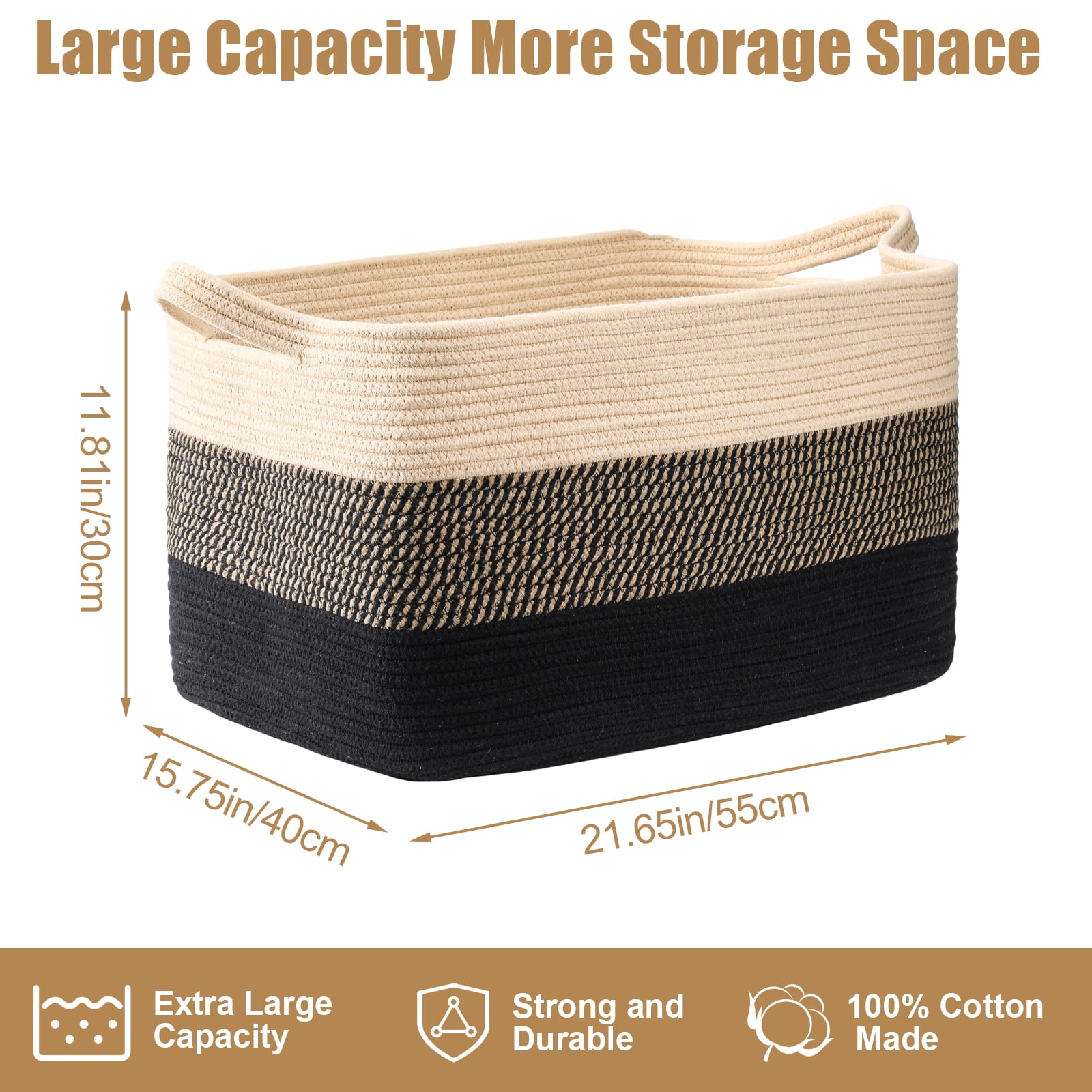 LIZEVINC Large Blanket Basket, 21.6" x 15.7" x 11.8" Rectangle Woven Laundry Basket, Cotton Rope Toy Basket With Handle, Storage Baskets for Organizing for Living Room, Bedroom, Baby Room
