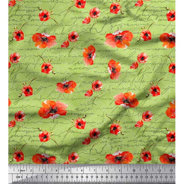 Soimoi Green Poly Georgette Fabric Text & Poppy Floral Decor Fabric Printed Yard 52 Inch Wide