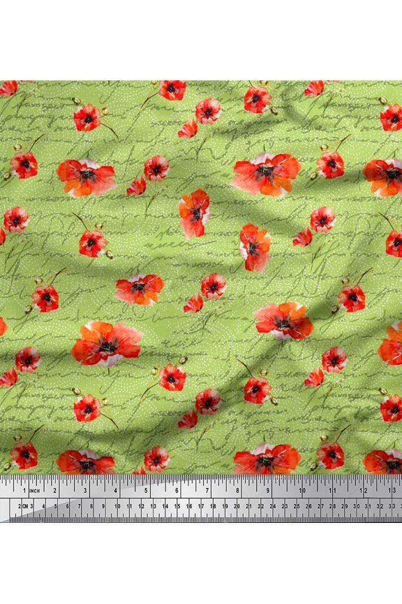 Green Rayon Fabric Text & Poppy Floral Decor Fabric Printed Yard 56 Inch Wide