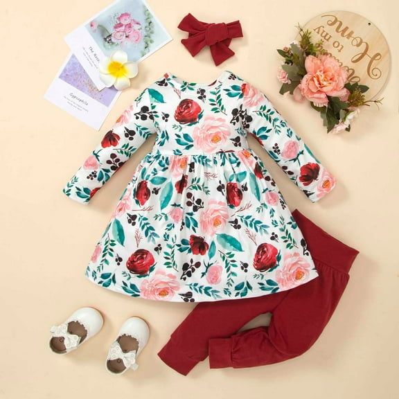 BONIXOOM Girls Clothes Toddler Outfits Kids Clearance Clothes Long Sleeve Round Neckline Belt Christmas Dress Wine 6-9 Months